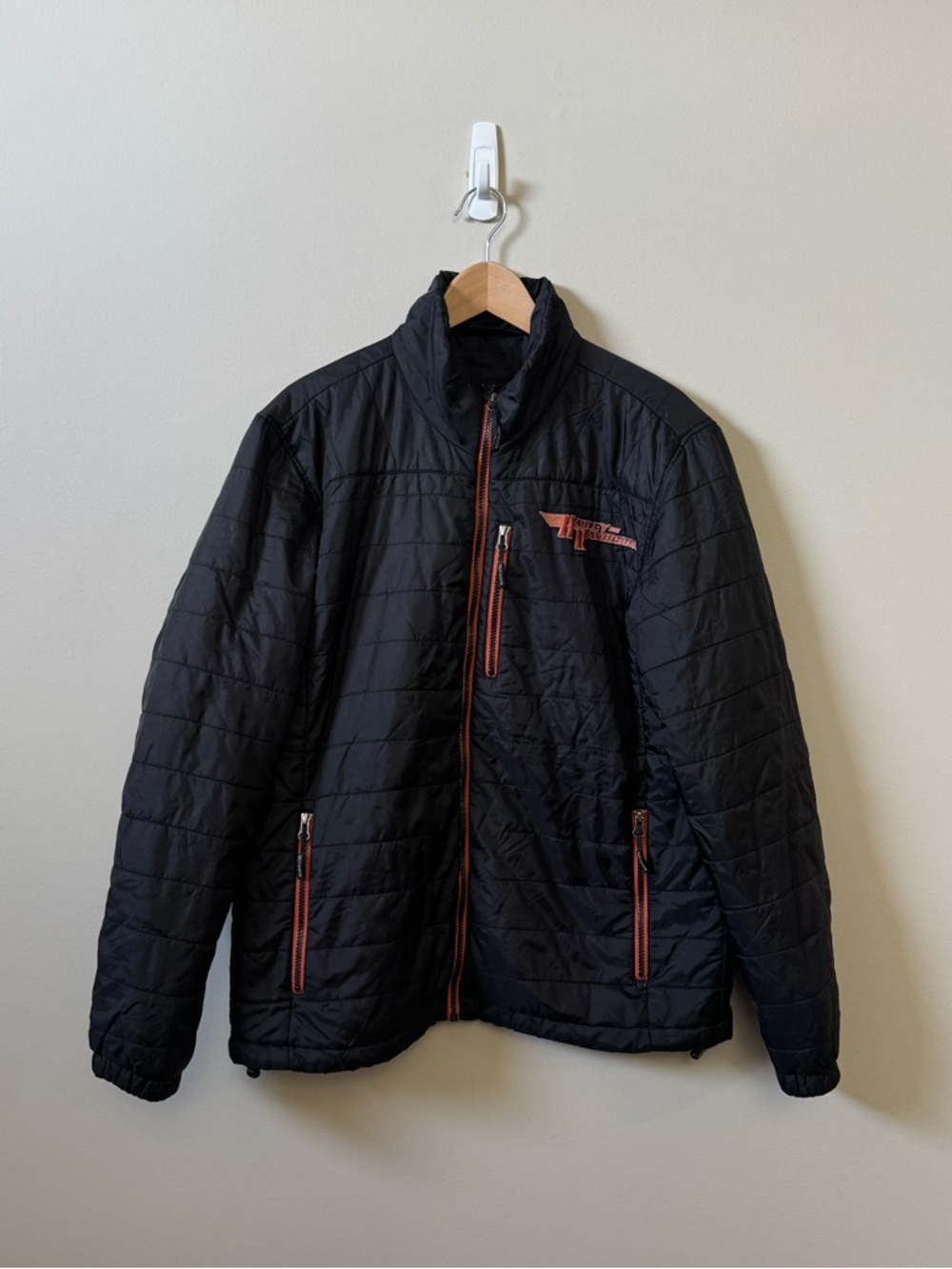 Harley Davidson unisex zip up puffer black with orange accents jacket